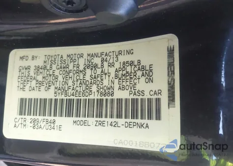 2013 Toyota Corolla Le из США, поврежденный, VIN 5YFBU4EE6DP178080